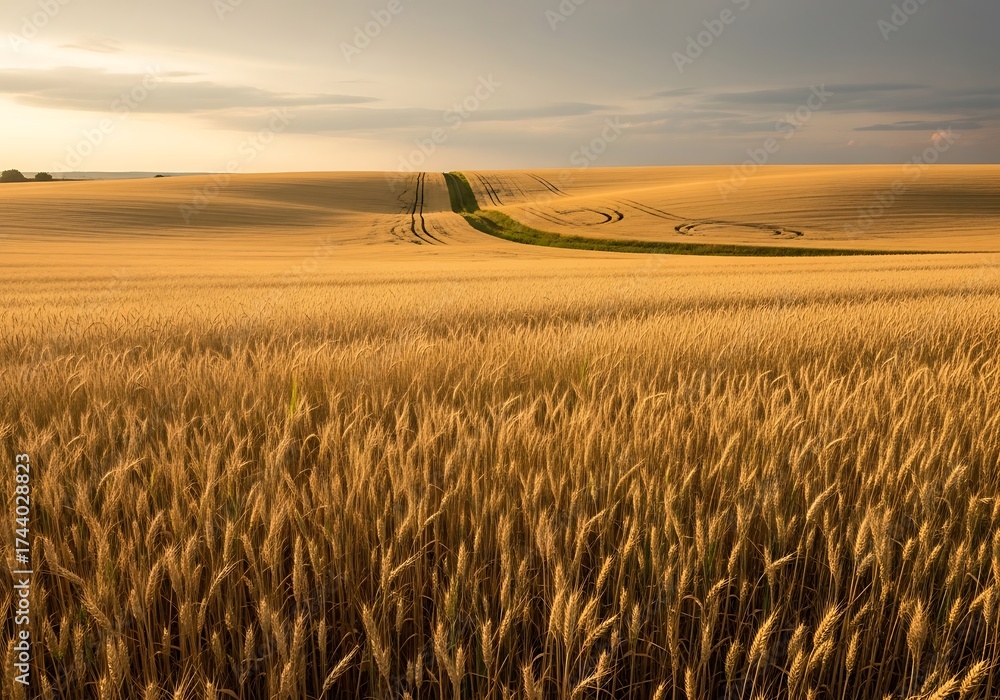 Obraz premium Golden Wheat Field Under Dramatic Sky - A Rural Landscape.