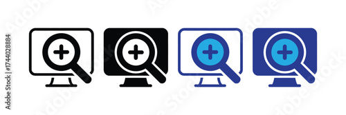 Computer screen with a magnifying glass and a plus sign inside, representing zoom in function, isolated on transparent background