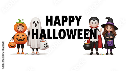 Happy Halloween Celebration: A charming group of children dressed in spooky costumes, embodying the spirit of Halloween, celebrate the spooky season.