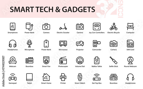 Modern Smart Tech and Gadget Icons – Devices, Electronics, Computers, Cameras, Smart Home, and Digital Accessories Vector Set