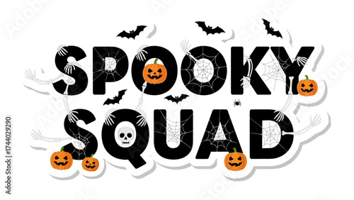 Spooky Squad Typography: A festive Halloween design featuring a playful Spooky Squad wordmark with a creative arrangement of thematic elements, including pumpkins, bats, cobwebs, and a skull.