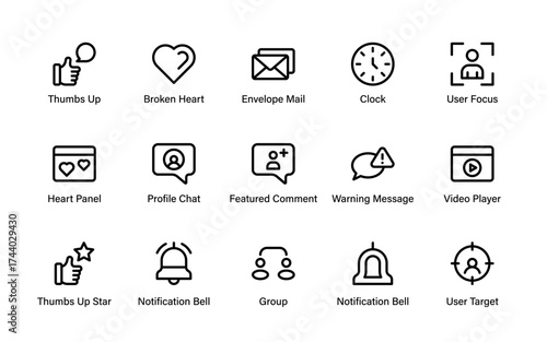User engagement and notification icons featuring profiles, messages, alerts, social interactions, and media controls for digital projects.