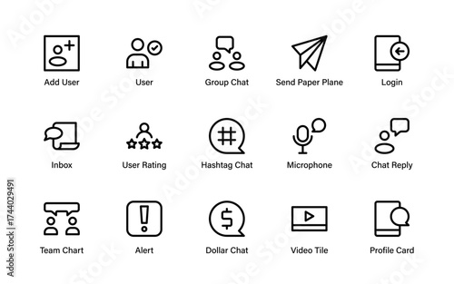 Modern communication and user interface icons, featuring chat, video, finance, alerts, and social interaction symbols for versatile design.