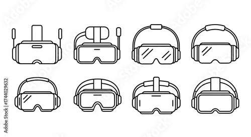 Collection of eight hand-drawn virtual reality headsets in diverse styles and designs vector