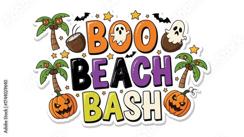 Spooky Beach Bash: A playful and colorful illustration captures the festive spirit of a Halloween beach party, complete with ghostly figures, pumpkins, and palm trees.