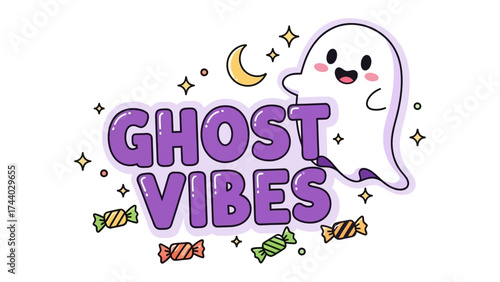 Spooky Vibes: A friendly ghost and festive candy capture the spirit of Halloween, complete with a crescent moon and shimmering stars.