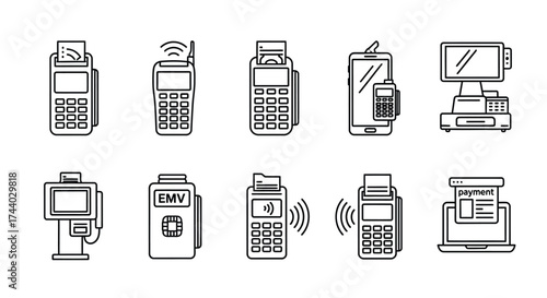 Collection of point of sale pos machines and payment terminals for retail transactions vector