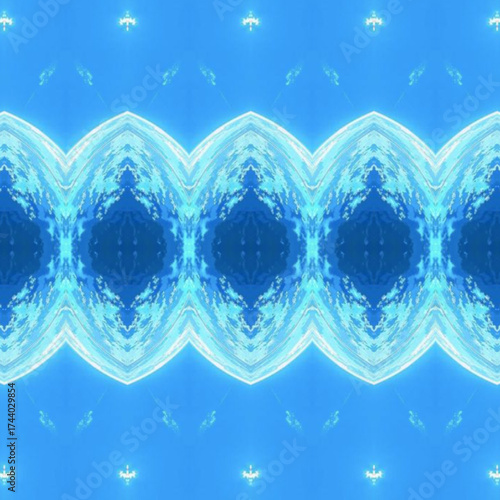 Abstract mirrored blue light pattern resembling waves and symmetry, evoking calm, reflection, and luminous energy. Perfect abstract, pattern, blue, symmetry, light art.