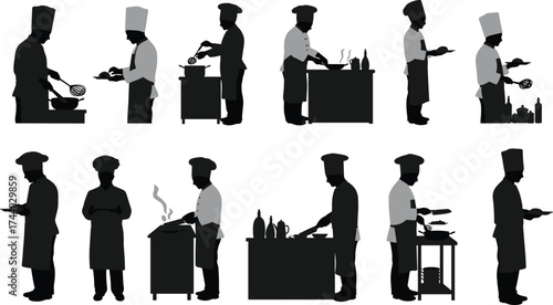 Professional chef silhouettes cooking in kitchen, culinary team preparing food, restaurant kitchen staff working, black and white vector illustration