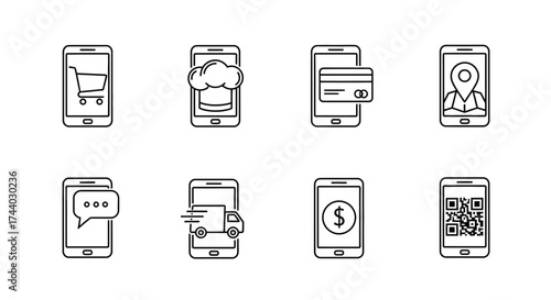 Mobile app icons set featuring e-commerce messaging payments navigation and more icons vector