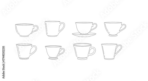 Collection of hand drawn coffee tea cups and mugs with saucers artistic sketch style vector