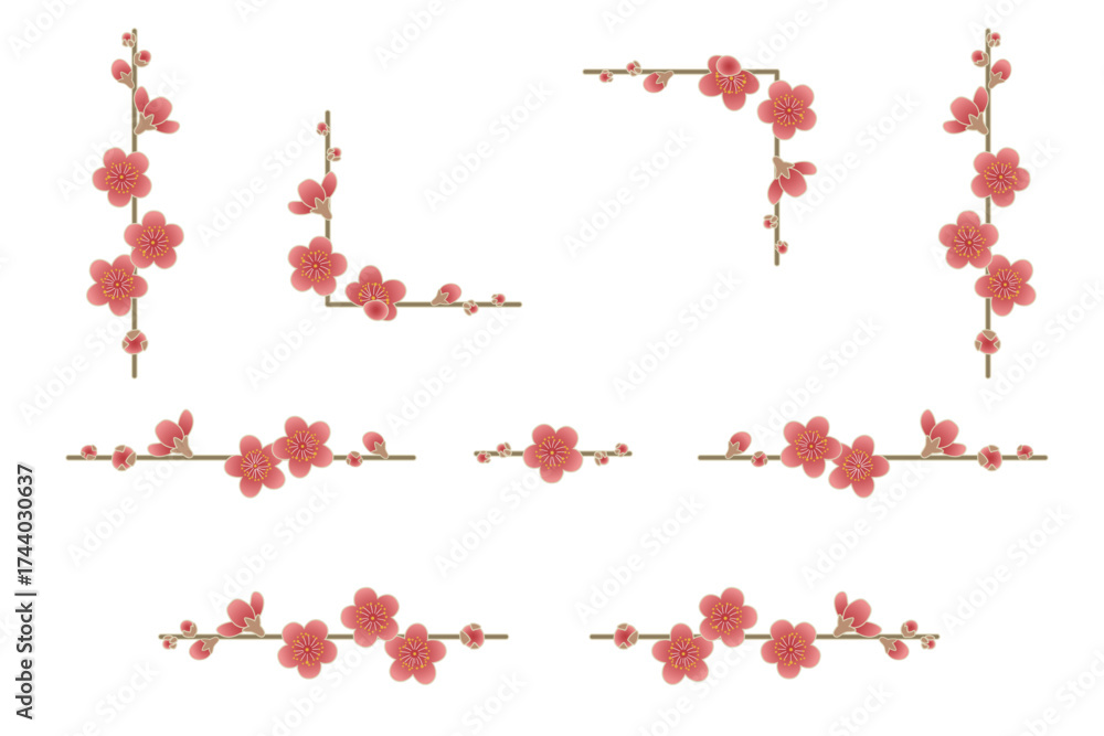 Obraz premium 紅梅のライン素材セット｜梅の花の飾り罫, 和風デザイン, 春の装飾, 年賀状, 正月, 和柄, ベクター, 梅の枝ライン, 背景透過, 枠飾り