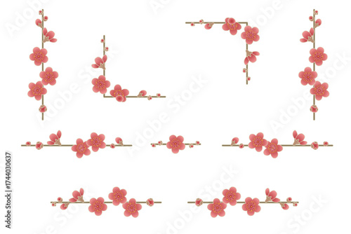 紅梅のライン素材セット｜梅の花の飾り罫, 和風デザイン, 春の装飾, 年賀状, 正月, 和柄, ベクター, 梅の枝ライン, 背景透過, 枠飾り