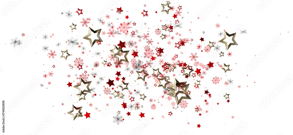 Naklejka premium Elegant holiday themed design featuring scattered stars and snowflakes in red and gold on a clean white background. Perfect for Christmas, celeb
