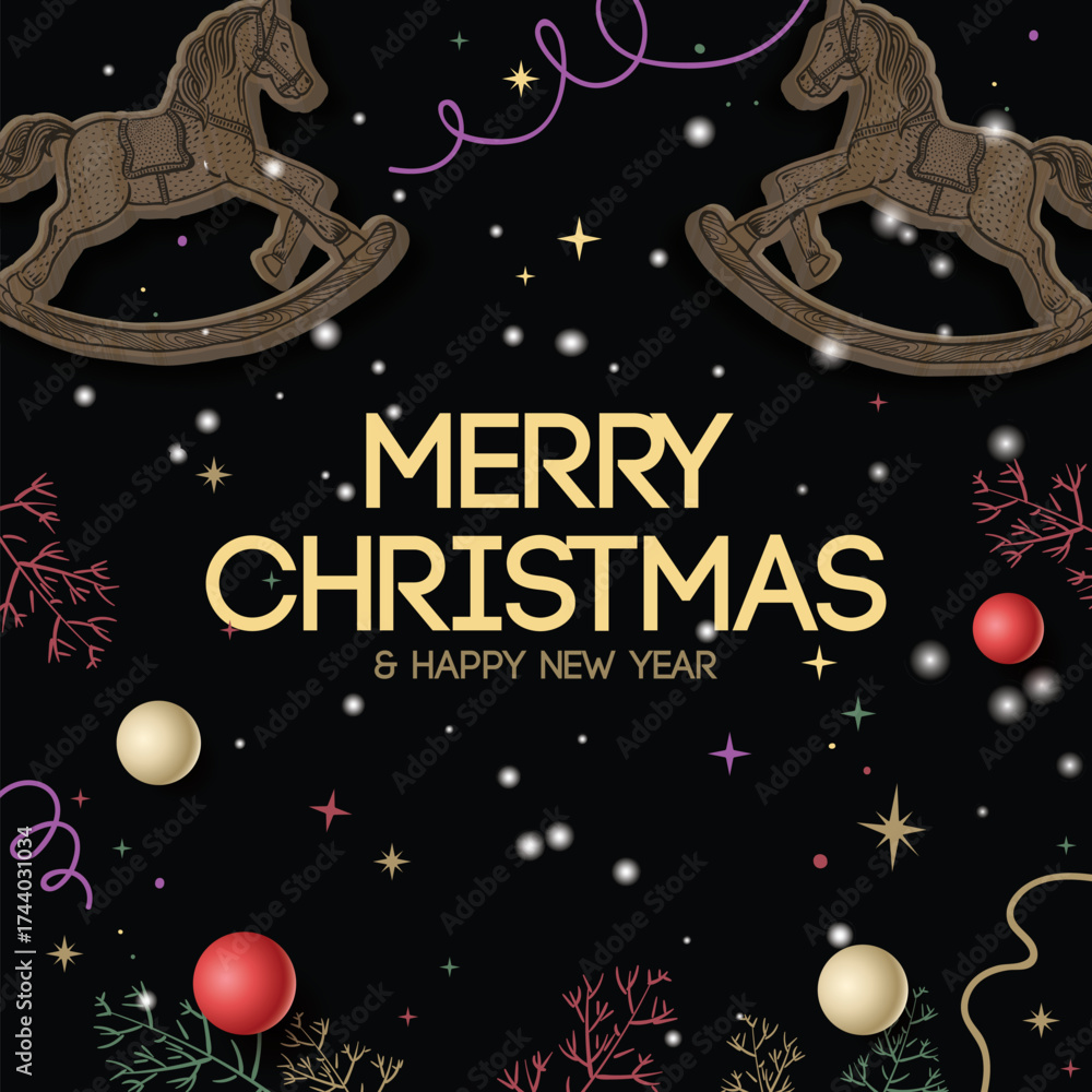 Fototapeta premium Merry Christmas and Happy New Year banner with wooden rocking horses. Modern Xmas poster black background, vector illustration. 