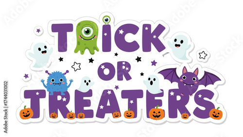 Festive Halloween Banner: A whimsical Halloween banner design showcasing a friendly monster with the phrase Trick or Treaters, complemented by cheerful ghosts, pumpkins, and a playful bat.