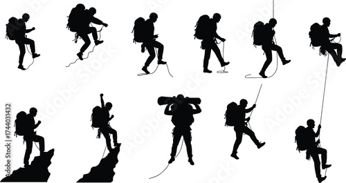 Silhouette vector of mountain climbers using ropes and gear showing adventure, hiking, exploration, and extreme outdoor sports activity design