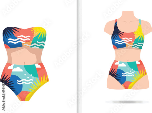 Two bikini sets with colorful tropical designs displayed against a white studio background view