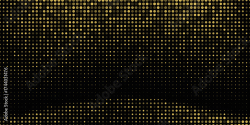 Abstract luxury banner with golden glittering dots on black background. Sparkling glitter bottom border, vector frame. Halftone effect. Magical gold dust. Pop art style backdrop.