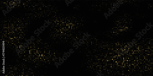 Abstract luxury banner with golden glittering dots on black background. Sparkling glitter bottom border, vector frame. Halftone effect. Magical gold dust. Pop art style backdrop.