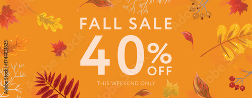 Autumn Sale web banner, poster or flyer design with bright beautiful leaves frame and text fall for it 40 percent off. Template for advertising, web, social and fashion ads. Vector illustration