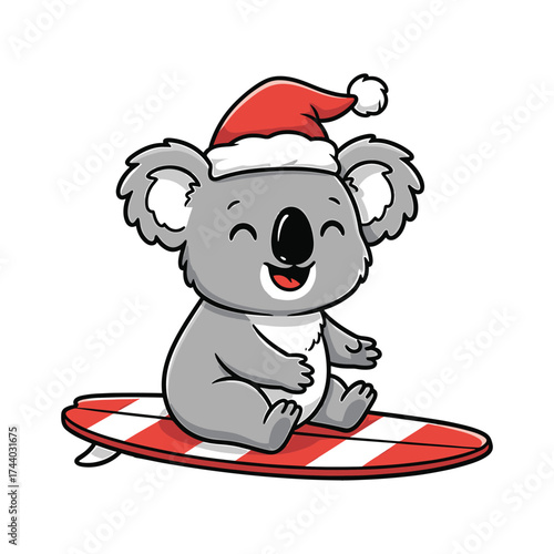 Cute cartoon koala wearing Santa hat riding a surfboard christmas
