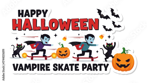 Halloween Vampire Skate Party: A fun and festive illustration of vampires and cats on skateboards with carved pumpkins, candy corn and flying bats celebrating Halloween.