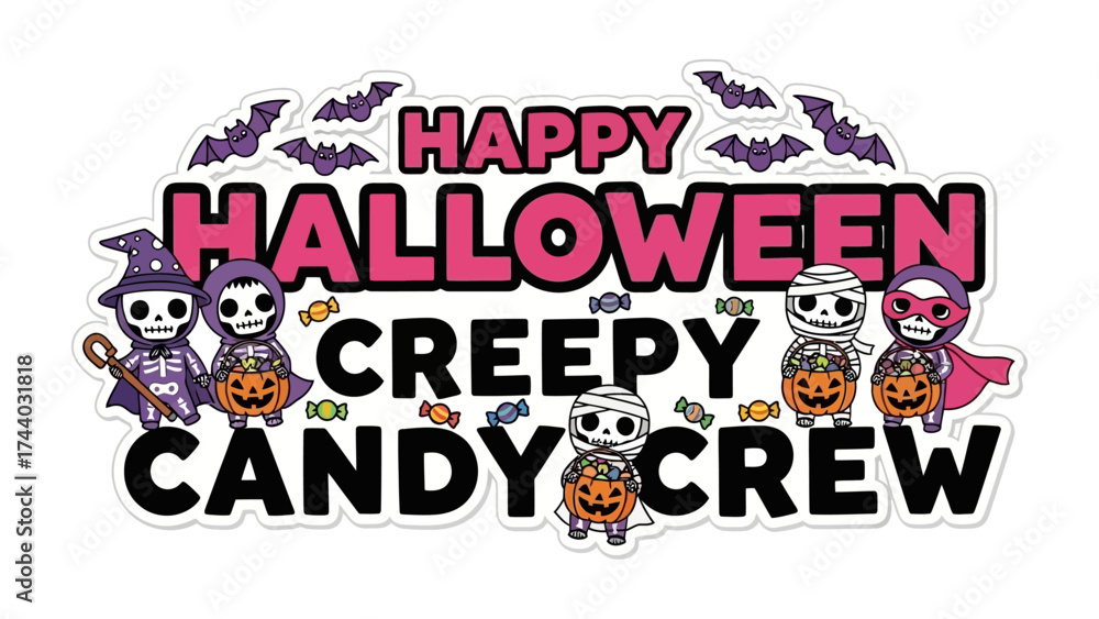 Fototapeta premium Happy Halloween: A vibrant Halloween-themed illustration featuring a Creepy Candy Crew of charming characters ready for trick-or-treating, adorned with bats and the playful word Happy.