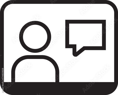 Simple line art icon representing a person in a video call with a speech bubble indicating communication or messaging