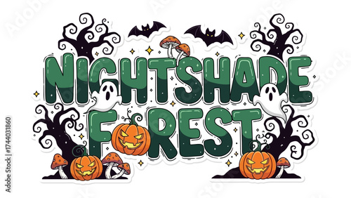 Nightshade Forest: Spooky lettering of Nightshade Forest with a vibrant display of ghostly specters, carved pumpkins, bats, and mystical mushrooms. A fusion of Halloween and eerie enchantment