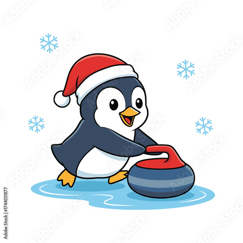 Cute cartoon penguin wearing Santa hat playing curling on ice bird animal
