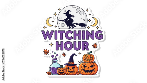 Witching Hour: A whimsical and spellbinding illustration captures the spirit of Halloween, featuring a silhouette of a witch on a broom against a full moon.