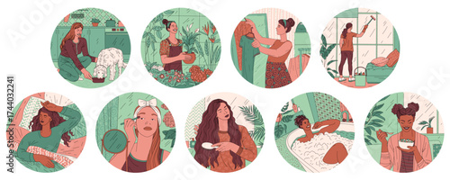 Variety of women are doing home activities. Feeding the dog, caring for houseplants, choosing dress, washing windows, sleeping, applying makeup, combing hair, taking bath, and eating salad.