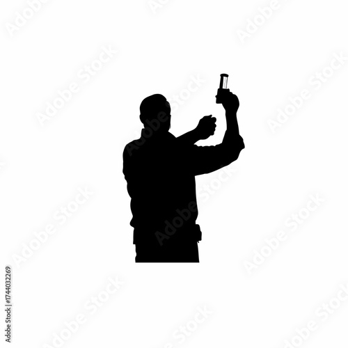 Hydrologist checking water purity silhouette on white background isolated on white background