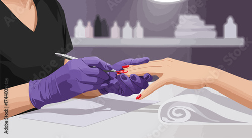 A flat design illustration capturing a young woman enjoying a professional manicure, highlighting the meticulous care and vibrant results of nail salon services.