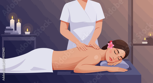 This flat design illustration portrays a young lady enjoying a deeply relaxing back massage at a contemporary spa, emphasizing wellness and stress relief.