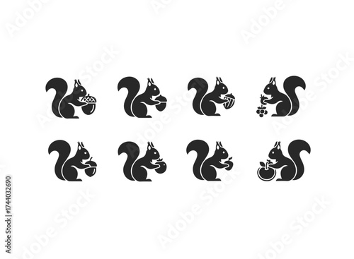 Collection of Stylized Squirrel Icons with Food.