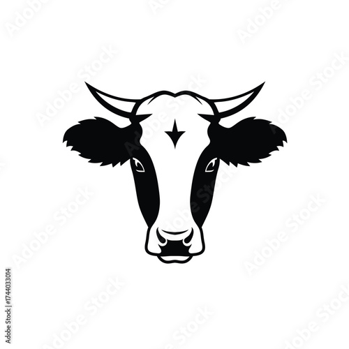 Black and white cow head logo with horns Keywords: cow, head, logo, animal, farm, mammal, black