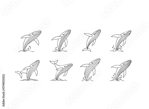 Minimalist Line Art Whales Jumping in Water.