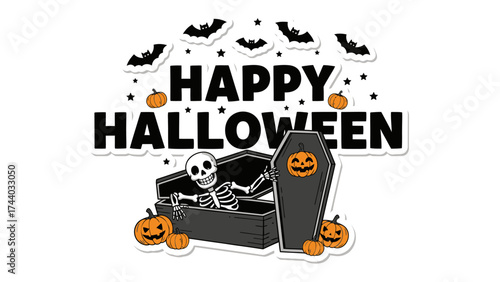 Happy Halloween Sticker: Spooky Halloween celebration with bats, pumpkin and skeleton. A perfect design for party or social media.