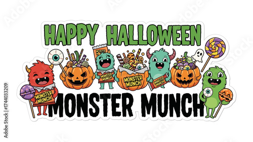 Happy Halloween Monster Munch: A festive illustration capturing the playful spirit of Halloween with adorable monsters holding candy and sweet treats with the words Happy Halloween and Monster Munch.