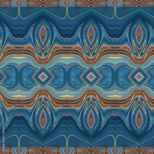 Geometric blue and brown pattern with abstract symmetry and reflective details. Ideal for wallpaper, digital prints, or modern textile design. Keywords: pattern, abstract, symmetry, blue, design