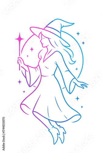 Elegant witch design with gradient lines, magic wand, and stars.