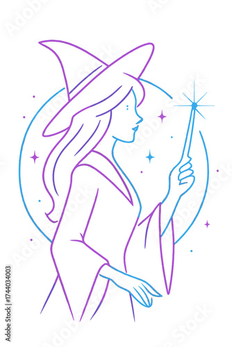 Minimalist line art of a witch with a hat and glowing magic wand, mystical vibes.