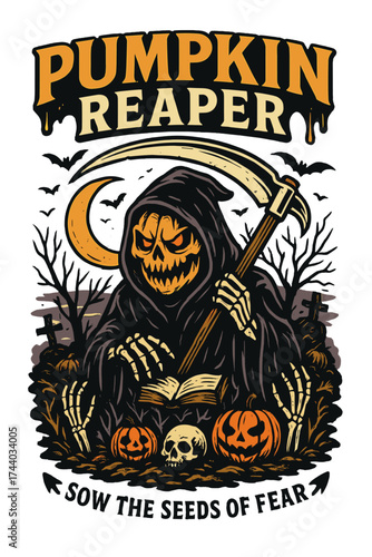 A spooky pumpkin reaper in a graveyard with scythe, pumpkins, and a skull, perfect for Halloween designs.
