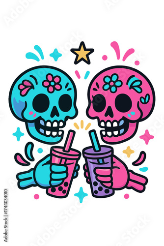 Vibrant sugar skulls toast with trendy boba tea, a fun festive design.