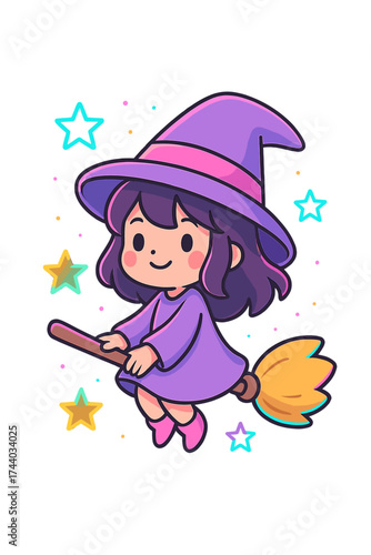 Adorable cartoon witch flying on a broomstick amidst sparkling stars. Kawaii style.