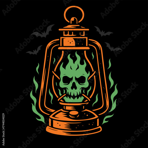 Vintage orange lantern with fiery green skull and bats on black background.