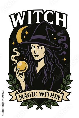 Dark fantasy illustration of a witch, magic within, crescent moon, stars.