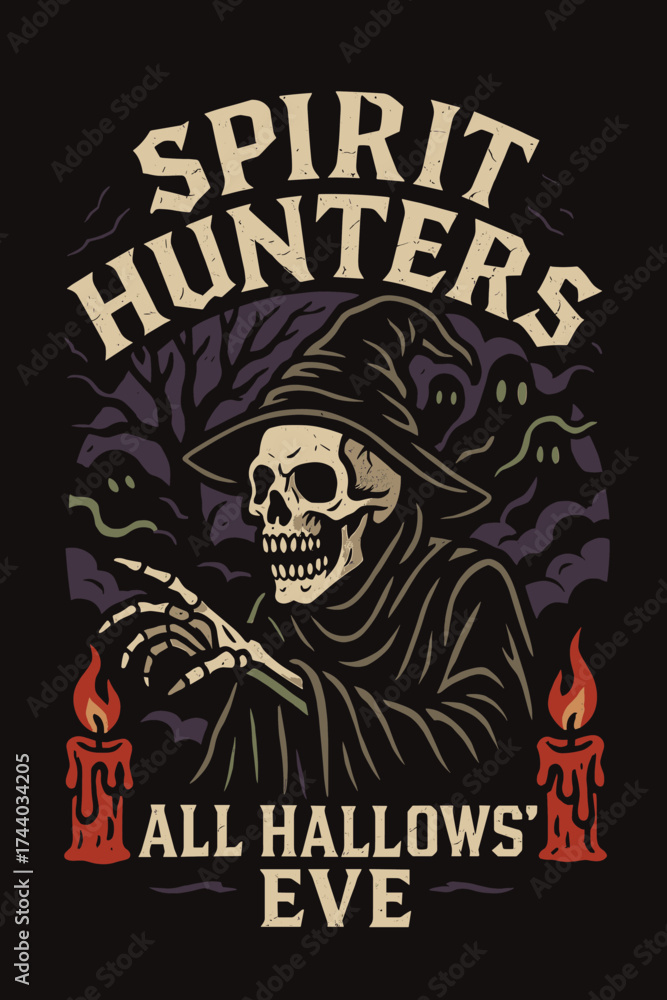 Fototapeta premium Spooky skeleton in witch hat, spirit hunting on All Hallows' Eve, vintage art.